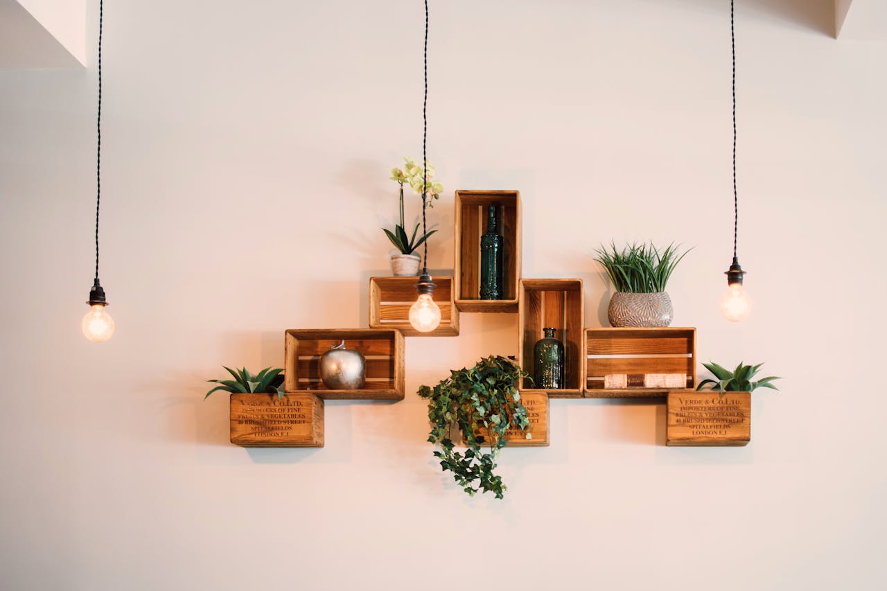 services-05 Contemporary wooden shelves with plants and decor, illuminated by hanging lights.